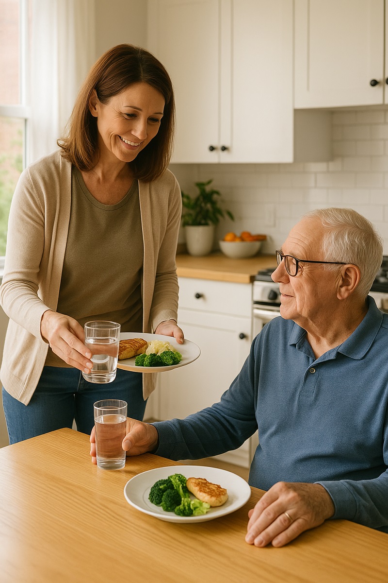Carer supporting person with Alzheimer’s disease at home