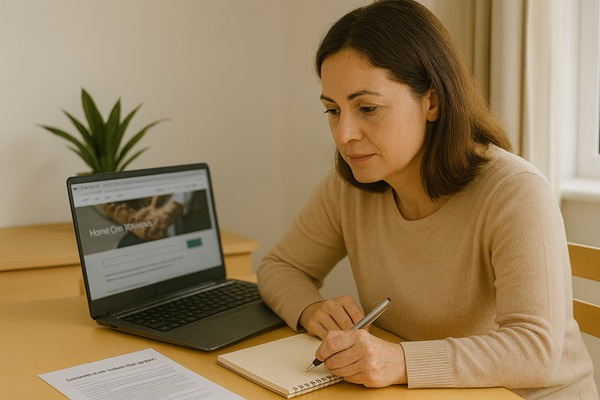 Family member researching home care providers on a laptop and taking notes