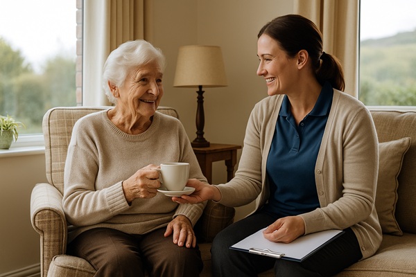 Home carer chatting with an older person in a cosy Devon living room